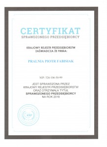 Pralnia - Certyfikat Sprawdzonego Przedsiębiorstwa